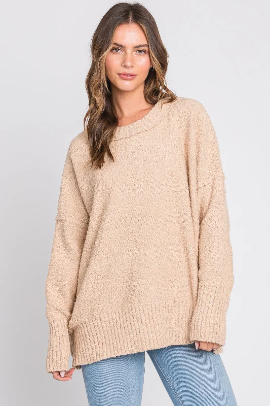 Beige Knit Exposed Seam Sweater