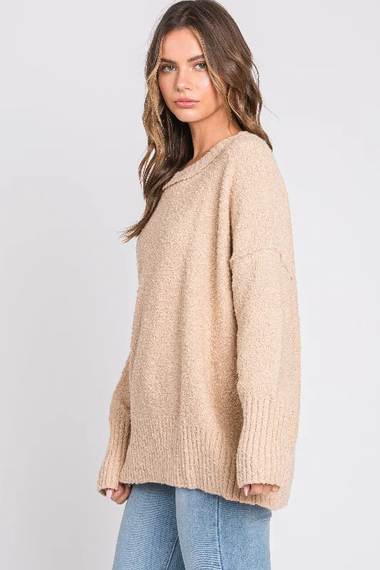 Beige Knit Exposed Seam Sweater