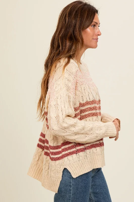 Beige Mixed Cable Knit Striped Sweater