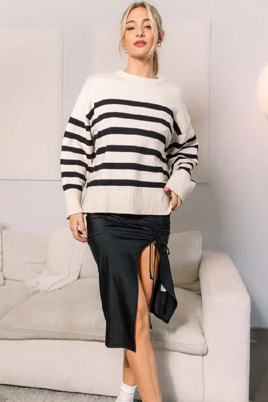 Beige Striped Oversized Side Slit Sweater