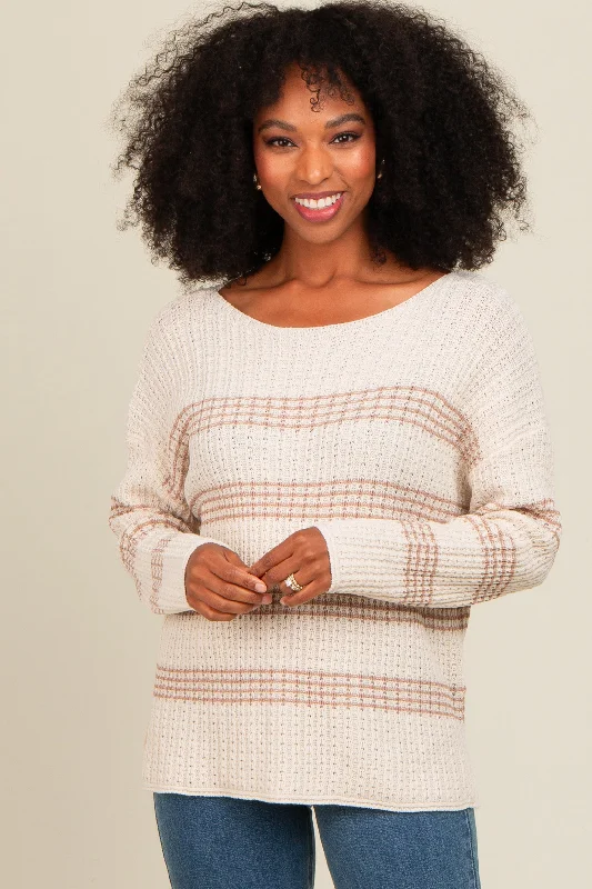 Beige Striped Waffle Knit Sweater