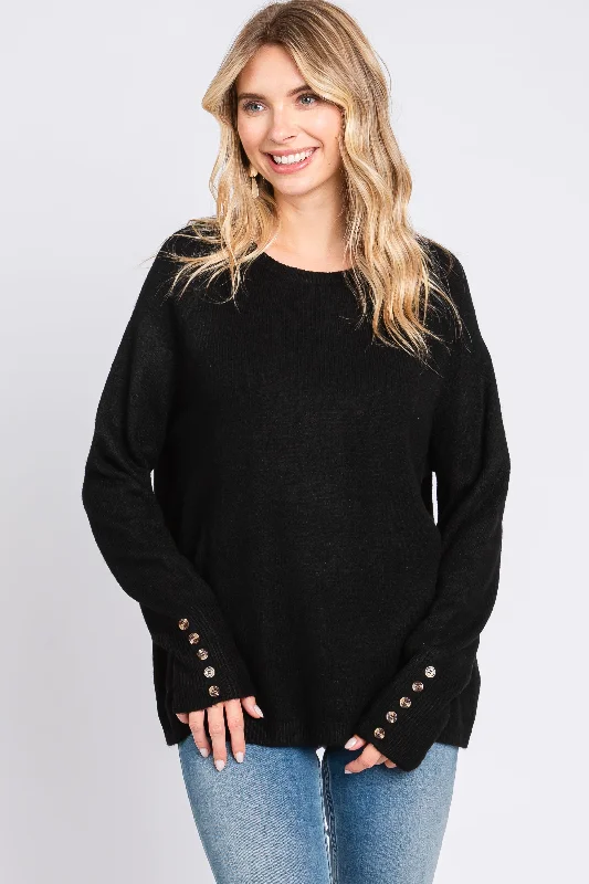 Black Button Accent Solid Sweater