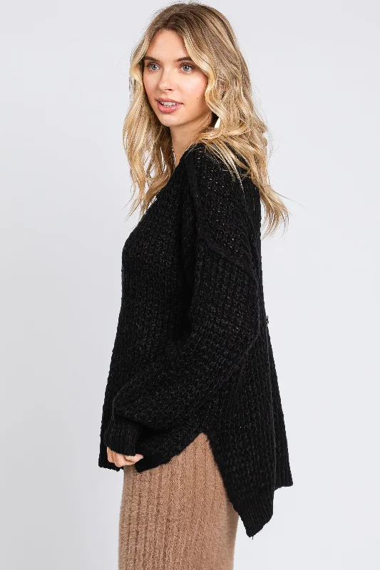 Black Henley Side Slit Sweater