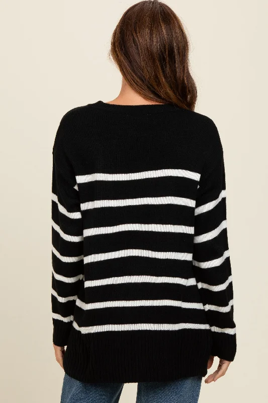 Black Striped Side Slit Sweater