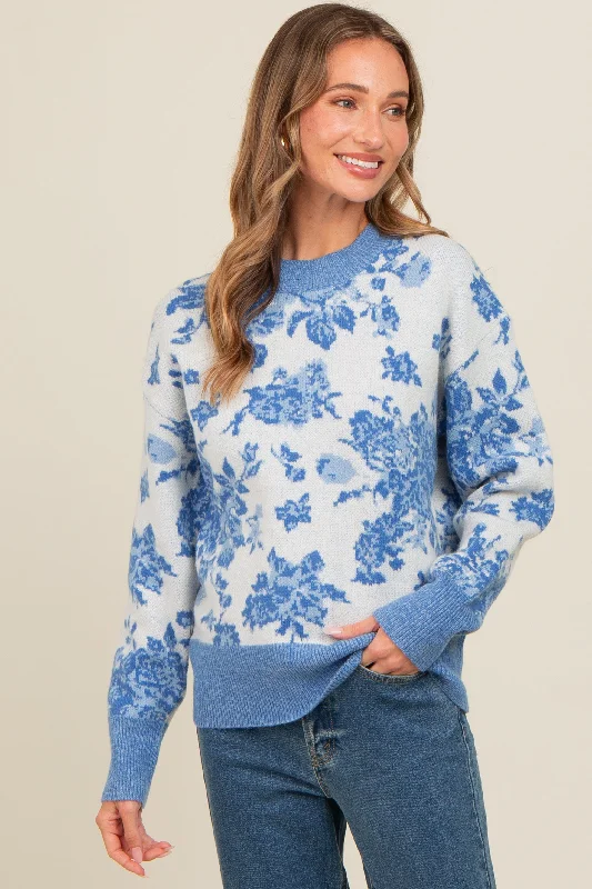 Blue Floral Crew Neck Sweater