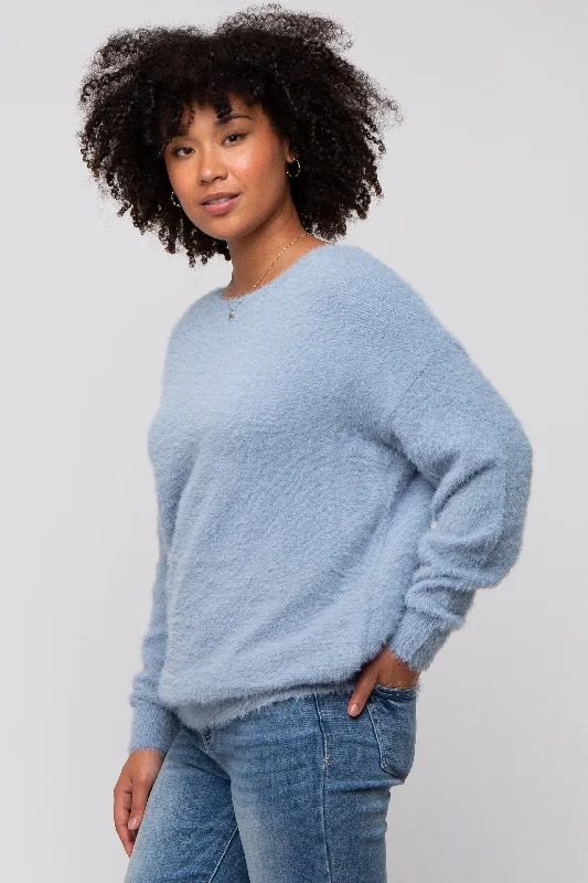 Blue Fuzzy Knit Boat Neck Sweater