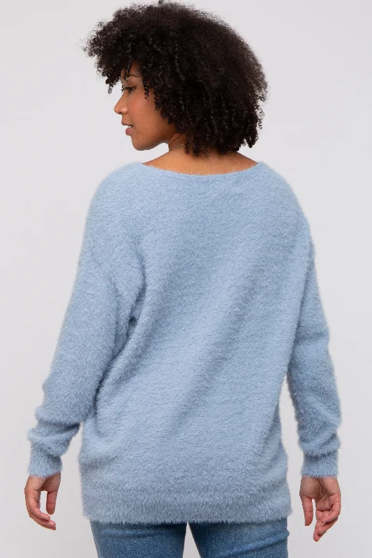 Blue Fuzzy Knit Boat Neck Sweater