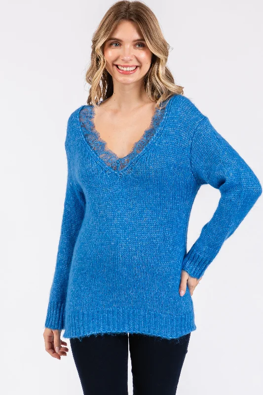 Blue Lace V-Neck Sweater