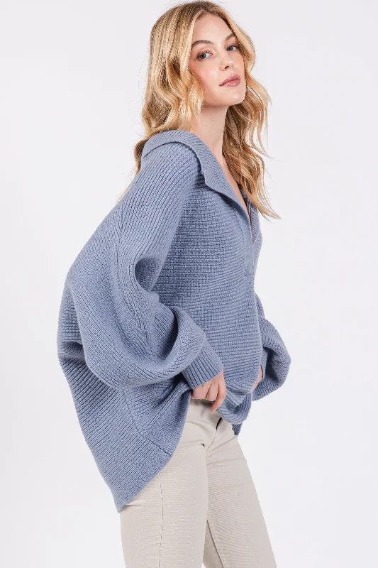 Blue Oversize Collared Knit Sweater