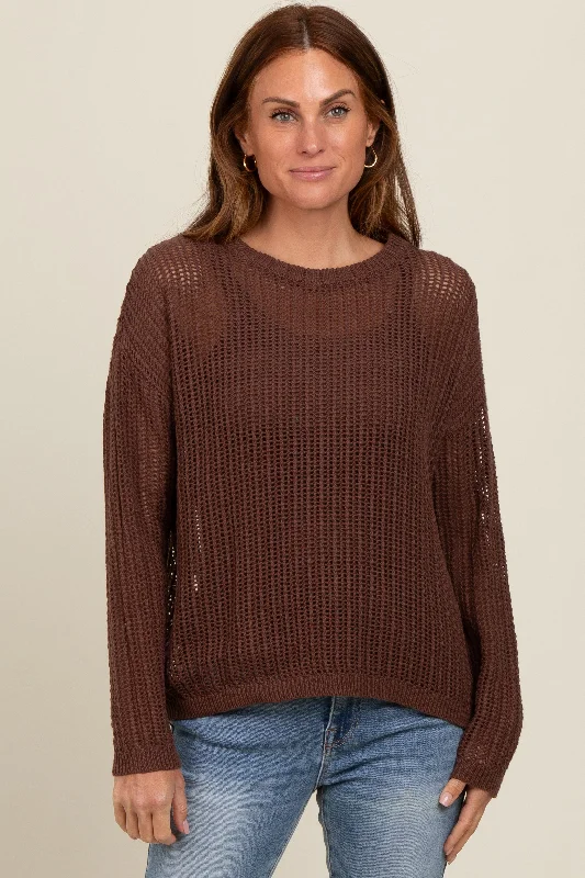 Brown Open-Knit Maternity Sweater