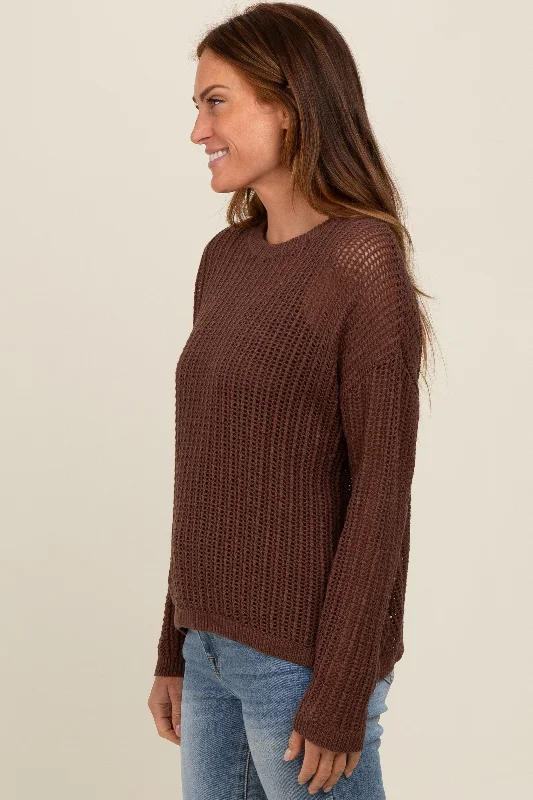 Brown Open-Knit Maternity Sweater