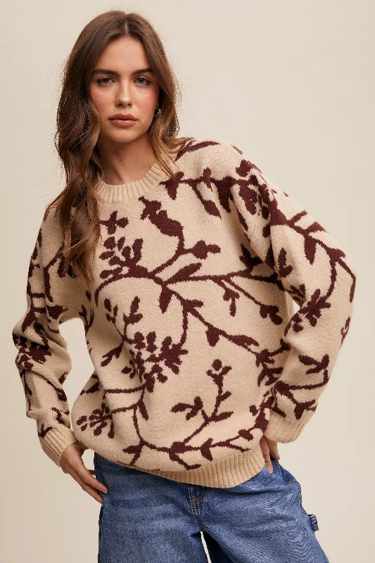 Burgundy Floral Drop Shoulder Sweater