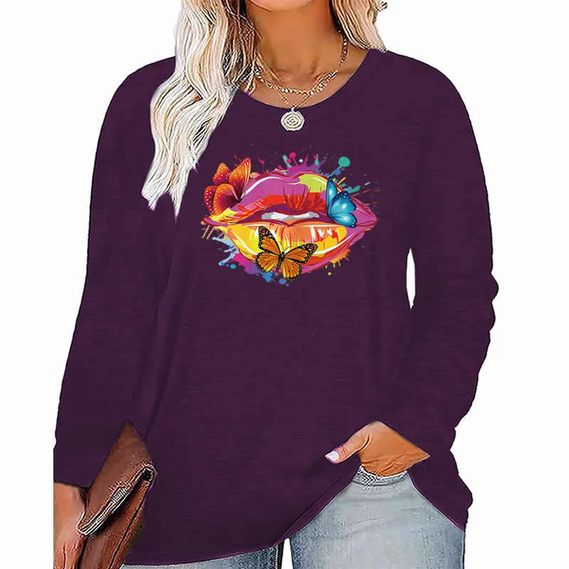 butterfly pattern Plus Size Women's Top Autumn X-Large-5X-Large woman clothes y2k t shirt oversized long sleeve tshirt