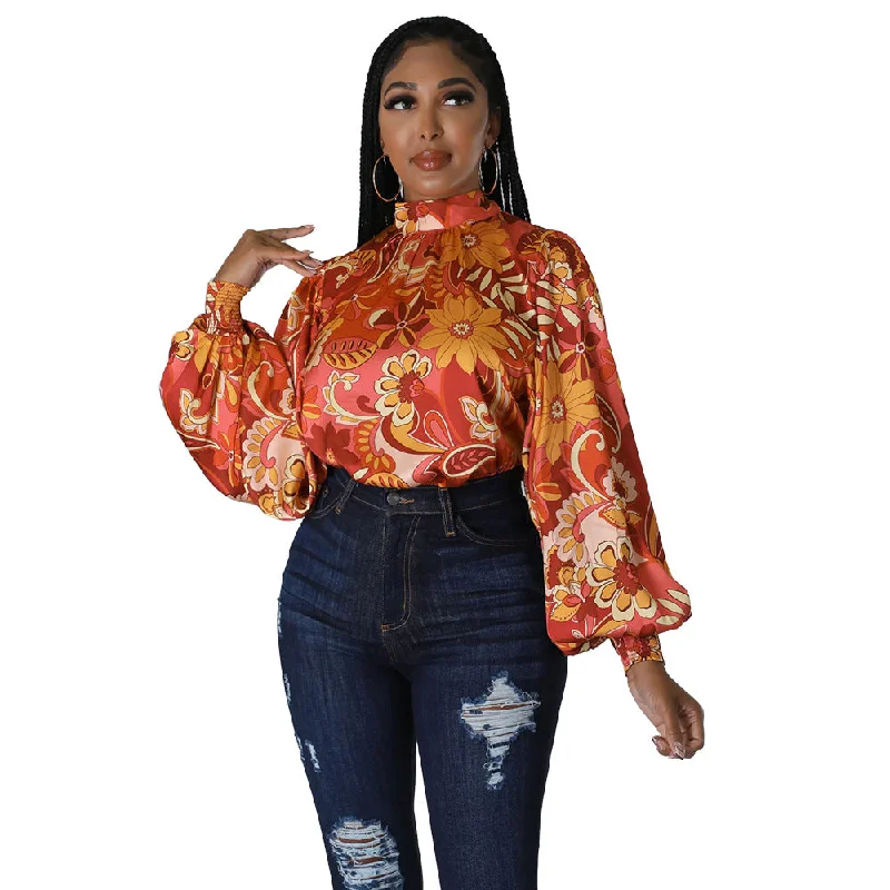 C1102TA97 Street Style Casual Turtleneck Floral Print Puff Sleeve Blouses For Women Sehe Fashion