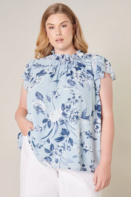 Cadaval Floral Mock Neck Flowy Blouse Curve