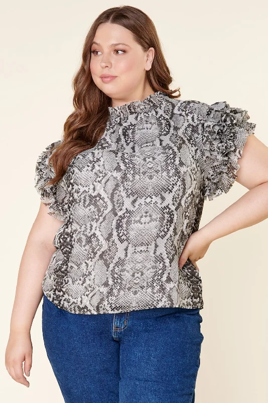 Celeste Snake Skin Brenna Mock Neck Ruffle Blouse Curve