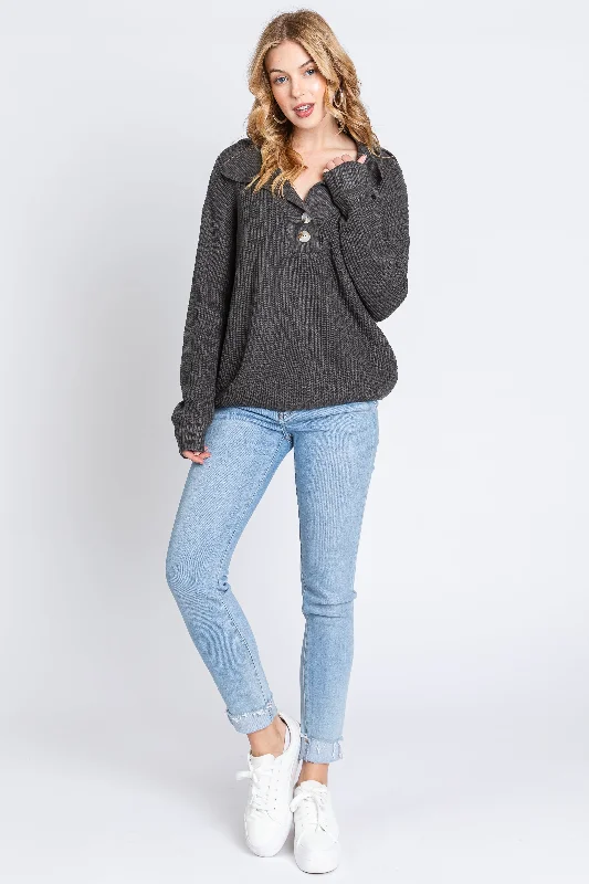 Charcoal Chunky Knit Front Button Sweater