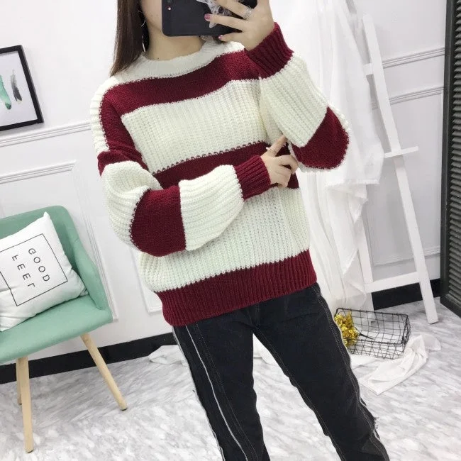 Cheap Crew Neck Long Sleeve Stripe Knitted Women Woolen Sweater