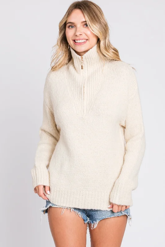 Cream Knit Zipper Pullover Sweater