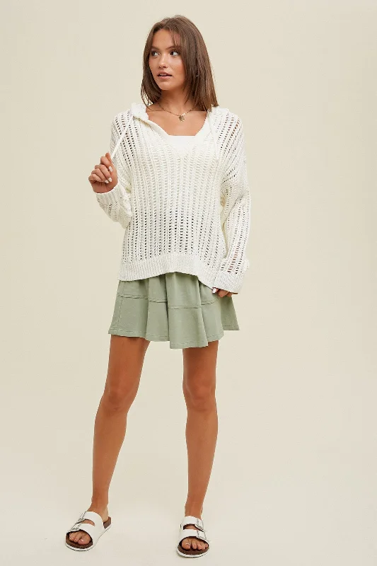 Cream Open Knit Hooded Sweater