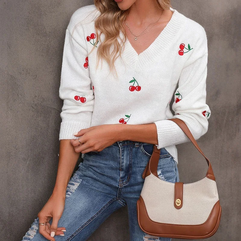 Cross-Border Autumn Winter New Loose Casual Sweater Cherry Embroidery V-Neck Pullover Women