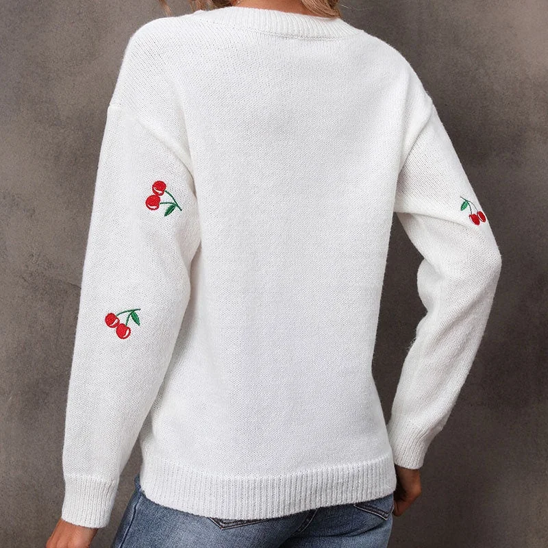 Cross-Border Autumn Winter New Loose Casual Sweater Cherry Embroidery V-Neck Pullover Women