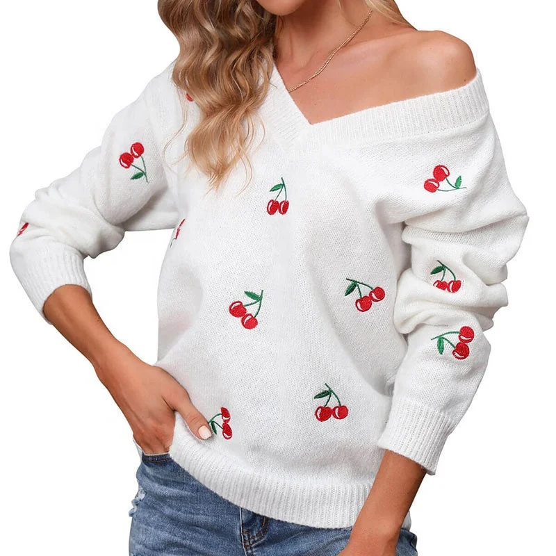 Cross-Border Autumn Winter New Loose Casual Sweater Cherry Embroidery V-Neck Pullover Women