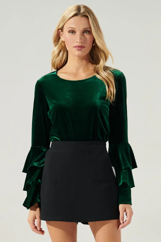 Everson Velvet Ruffle Tiered Sleeve Top