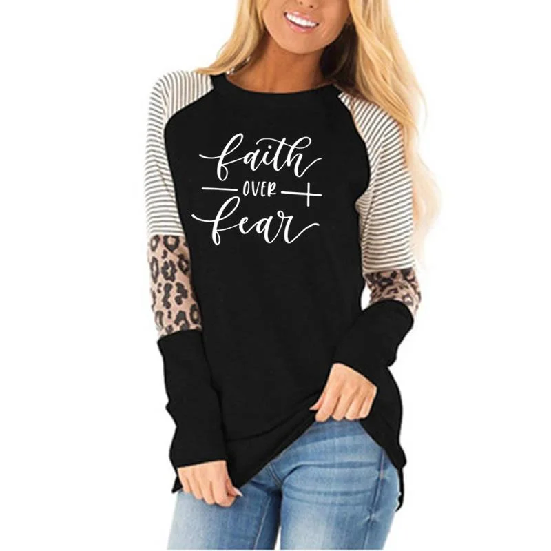 faith Autumn Winter Leopard stitching long sleeves high quality hotsell women loose casual blouse oversized Women's T-Shirts