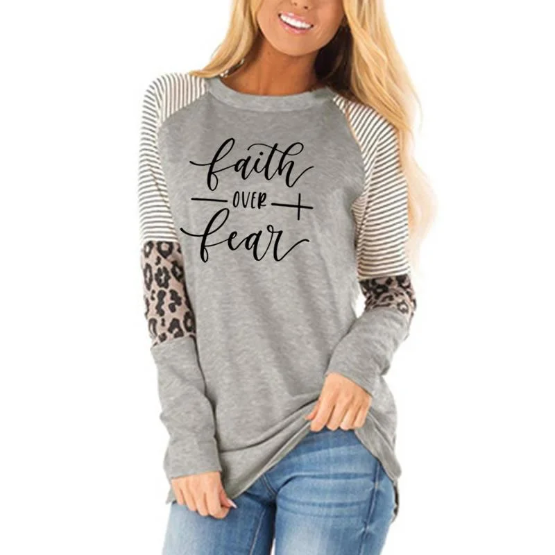 faith Autumn Winter Leopard stitching long sleeves high quality hotsell women loose casual blouse oversized Women's T-Shirts