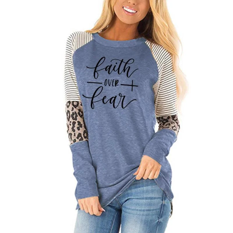 faith Autumn Winter Leopard stitching long sleeves high quality hotsell women loose casual blouse oversized Women's T-Shirts