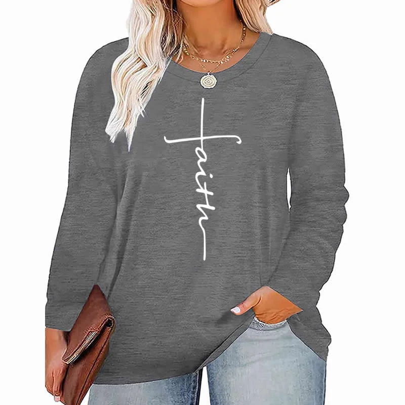 faith cross pattern Plus Size Women's Top Autumn X-Large-5X-Large woman clothes y2k t shirt oversized long sleeve tshirt