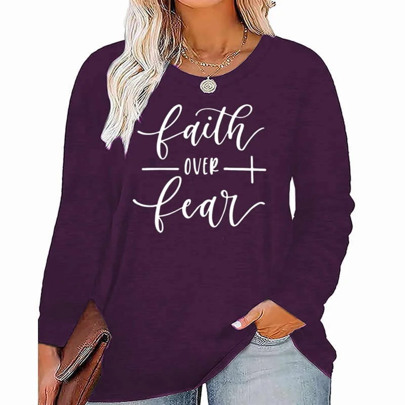 faith Hope Love pattern Plus Size Women's Top Autumn X-Large-5X-Large woman clothes y2k t shirt oversized long sleeve tshirt