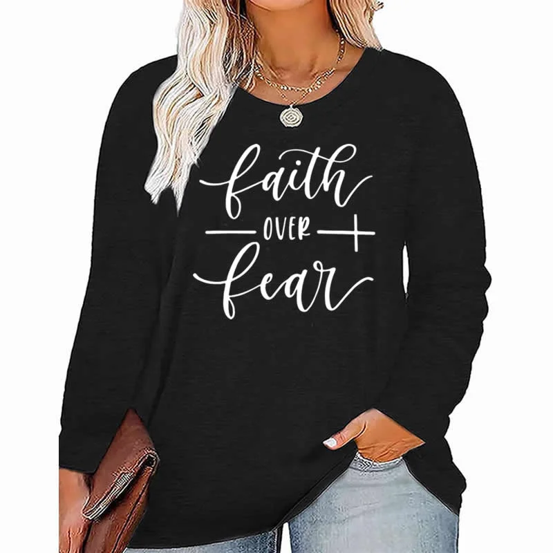 faith Hope Love pattern Plus Size Women's Top Autumn X-Large-5X-Large woman clothes y2k t shirt oversized long sleeve tshirt