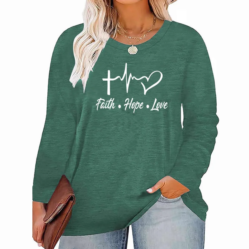 faith hope Love pattern Plus Size Women's Top Autumn X-Large-5X-Large woman clothes y2k t shirt oversized long sleeve tshirt