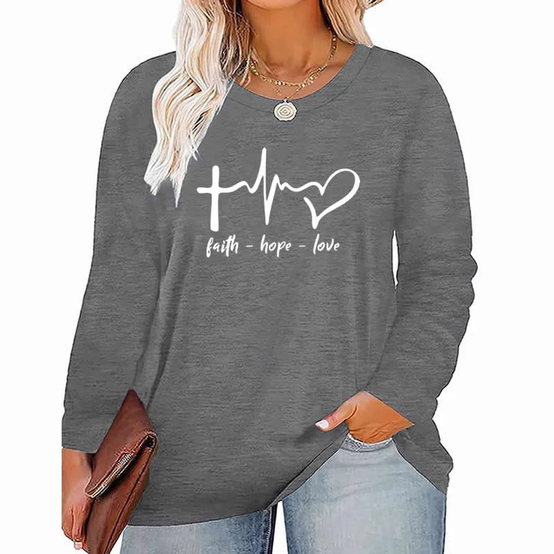 faith Hope Love pattern Plus Size Women's Top Autumn X-Large-5X-Large woman clothes y2k t shirt oversized long sleeve tshirt