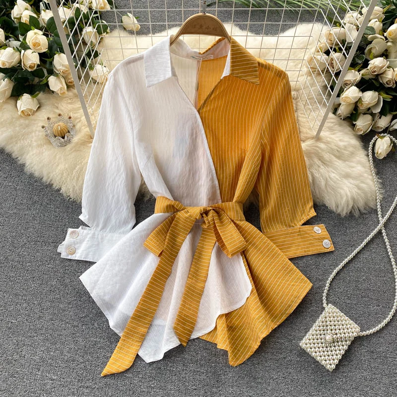 Fashion Tops Women Retro Striped Shirt Women's Ladies Blouses Design Sense Small Irregular Lotus Leaf Swing Lace Slim Shirt