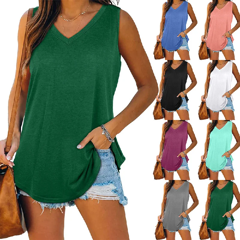 Fengway 2022 new hot sale t shirts for women solid color sleeveless casual V neck cotton bd safe-clip