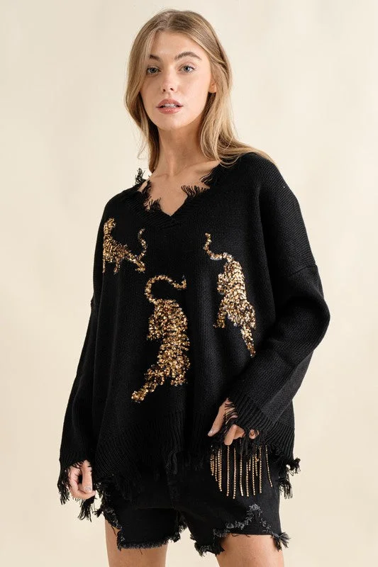 Frayed Edge Sequin Tiger Sweater *Online Only*