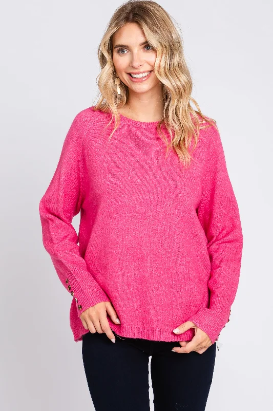 Fuchsia Button Accent Solid Sweater