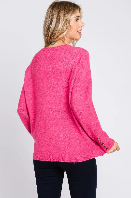 Fuchsia Button Accent Solid Sweater