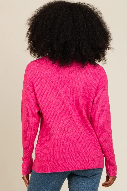 Fuchsia Buttoned Up Sweater Knit Top