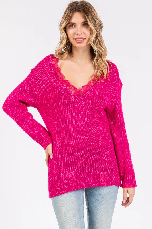 Fuchsia Lace V-Neck Sweater