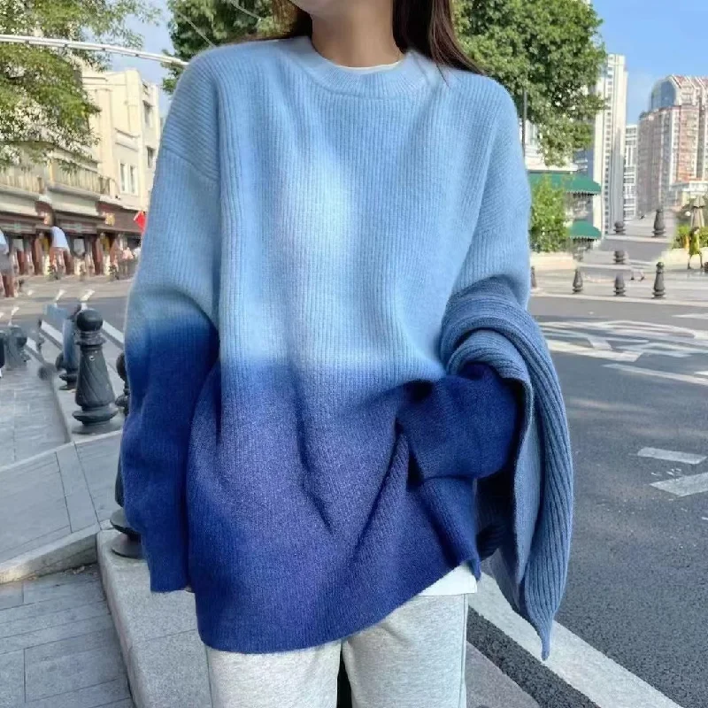 Gradient Color Sweater Women's Pullover Thick Loose Idle Style Matching Tie-Dyed Soft Glutinous Super Fairy