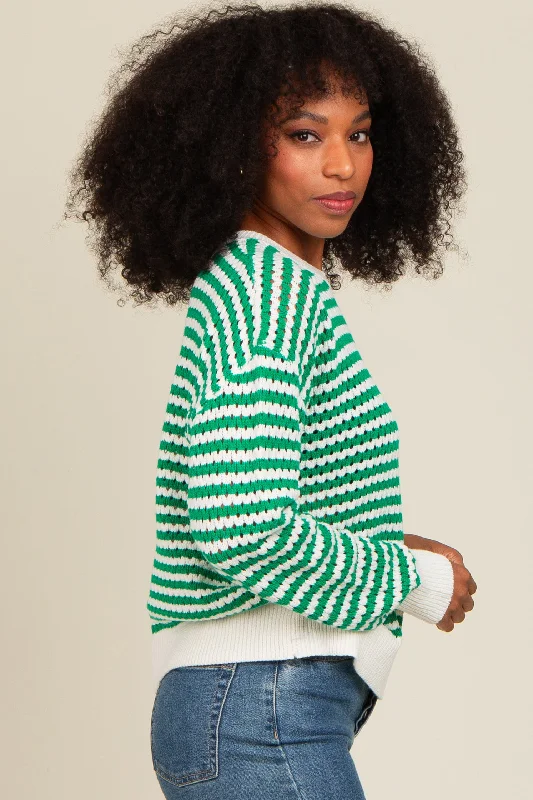 Green Striped Crochet Knit Sweater