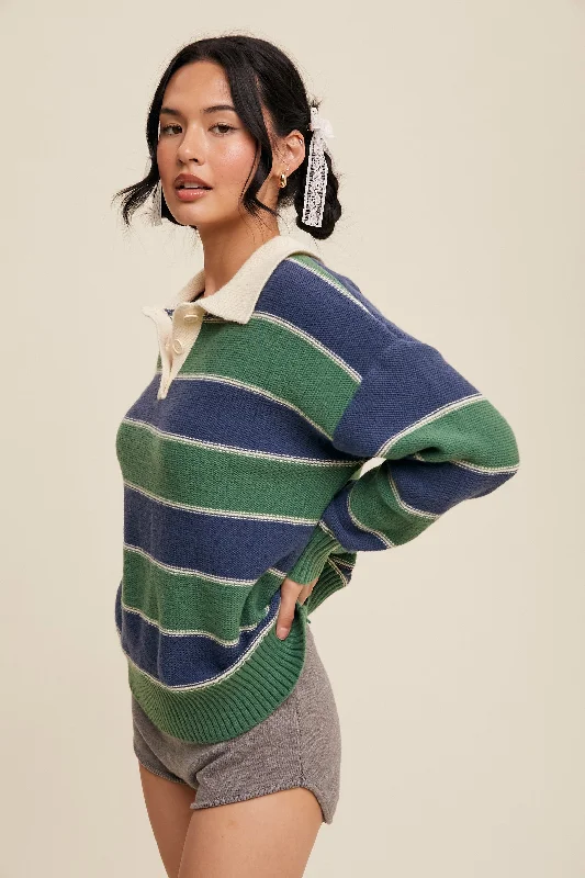 Green Striped Polo Knit Sweater