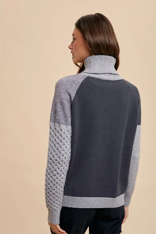 Grey Combo Turtleneck Multi Pattern Mixed Sweater Top