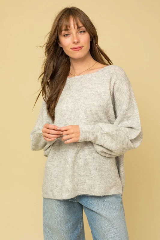 Heather Grey Soft Knit Lace Up Back Sweater