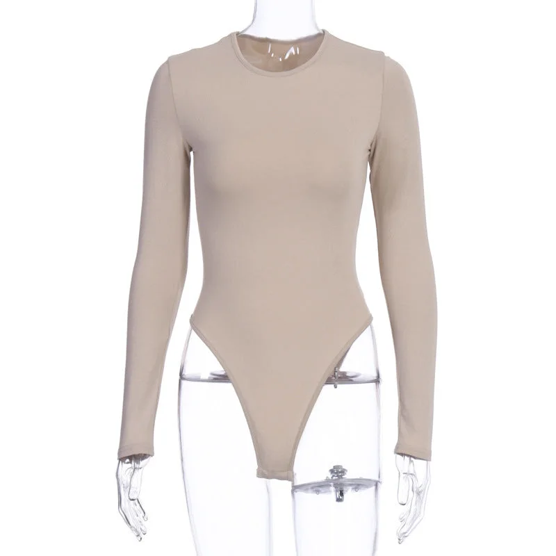 High Quality Long Sleeved Woman Bodysuits Solid Color Custom Bodysuit Tops Polyester O Neck Bodysuits For Women