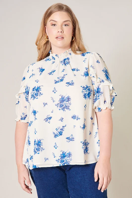 High Tide Floral Keepsake Smocked Mock Neck Blouse Curve